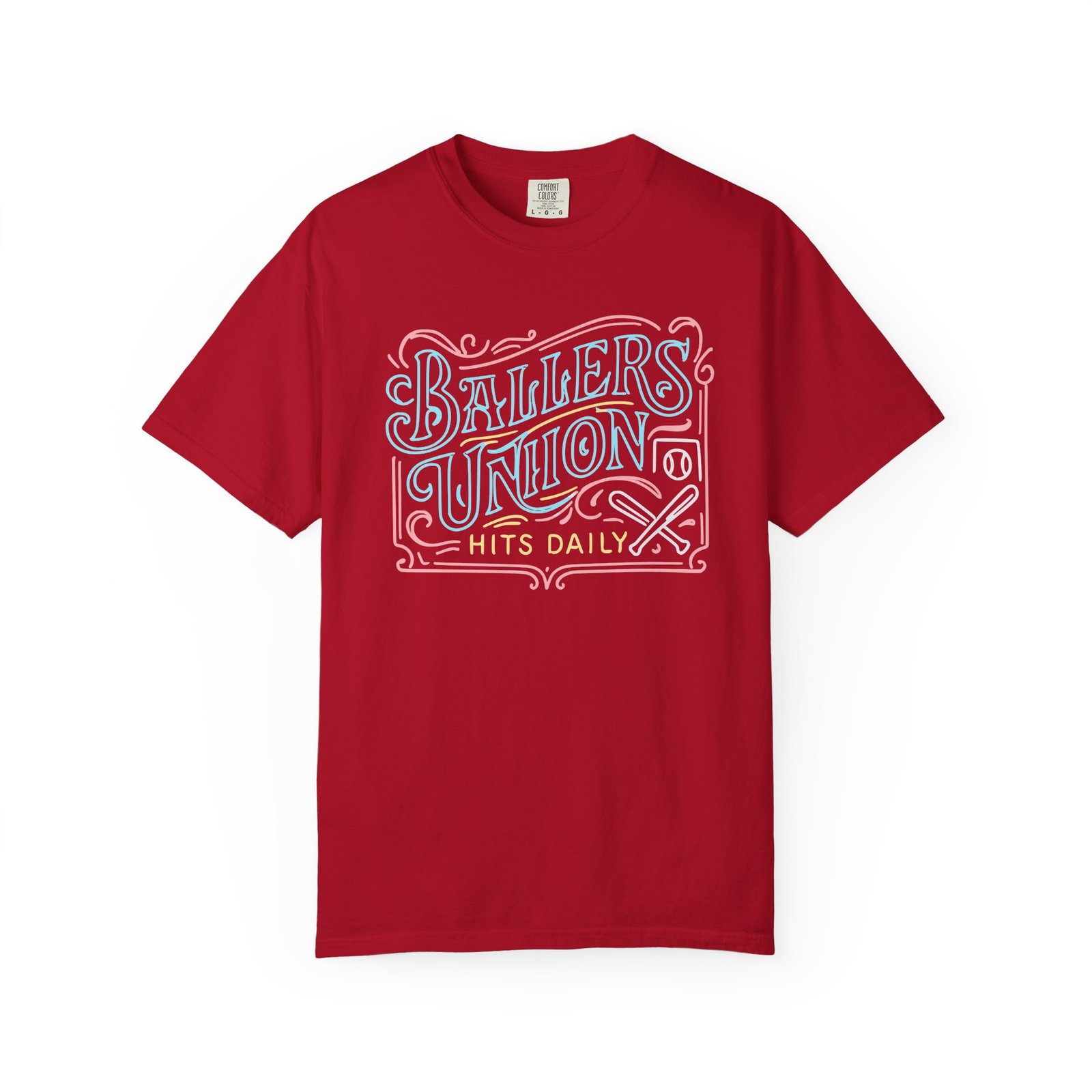ballers union tee — 'ballers union hits daily' retro neon sign style design on comfort colors 1717 t‑shirt