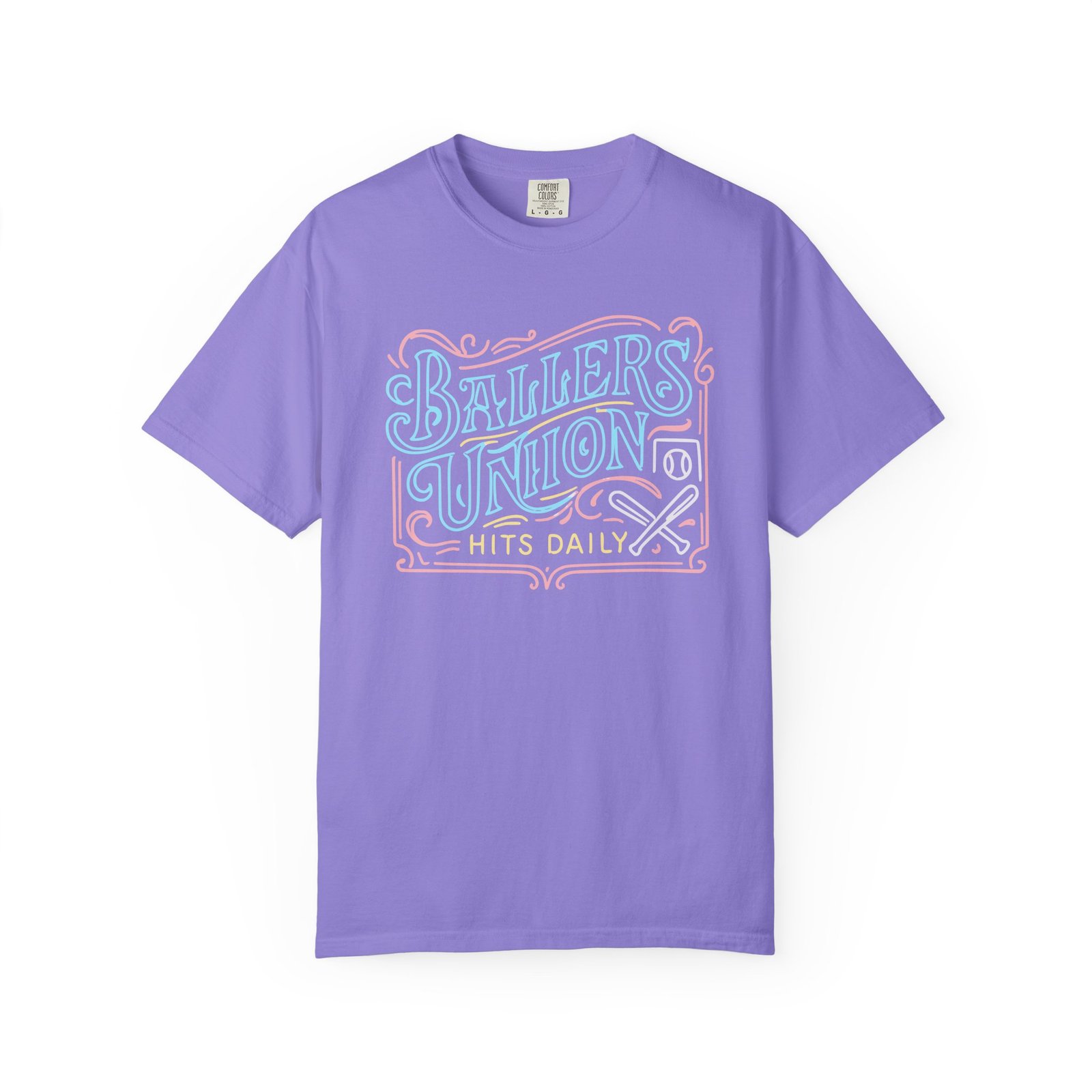 ballers union tee — 'ballers union hits daily' retro neon sign style design on comfort colors 1717 t‑shirt