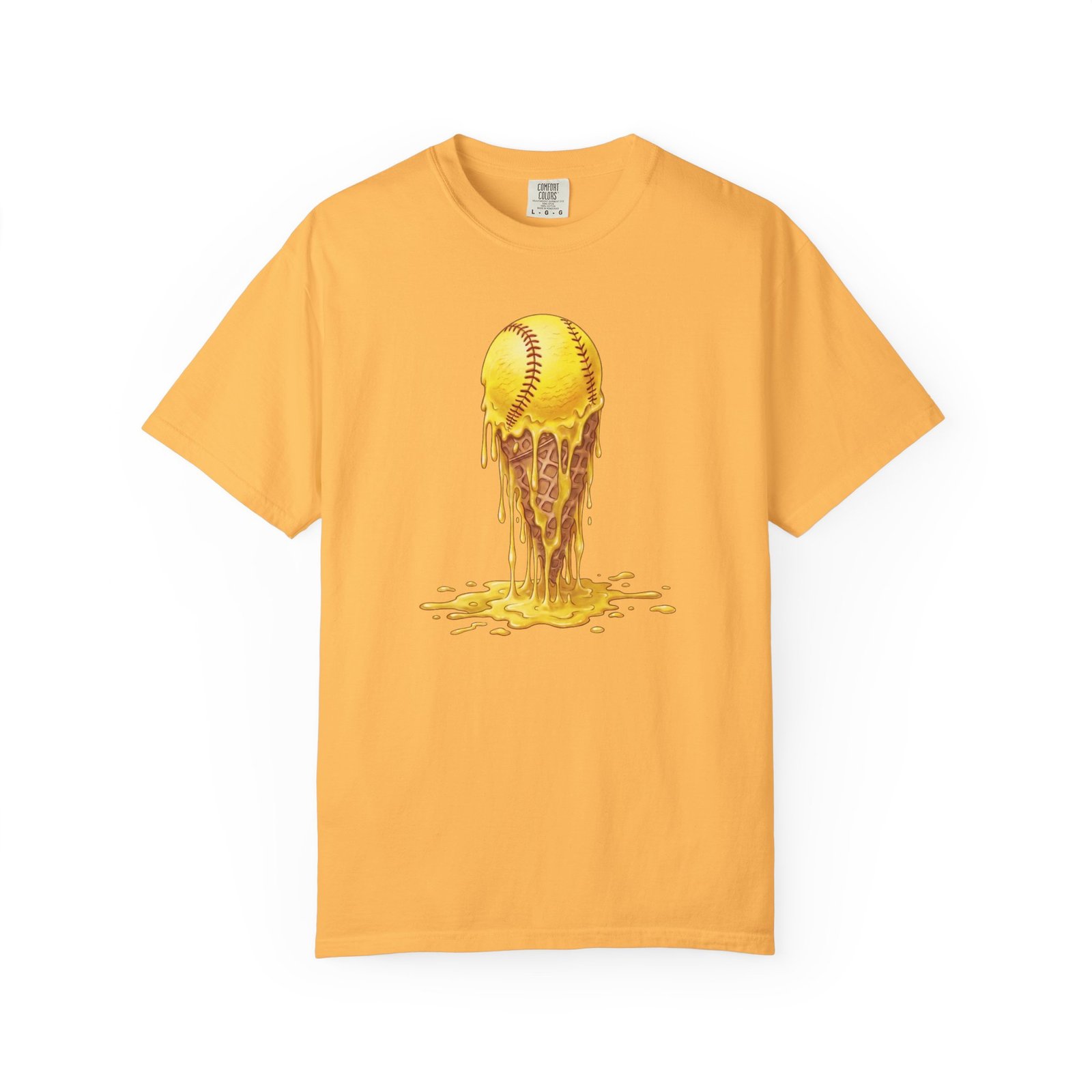 melting softball t‑shirt — dripping softball ice cream graphic on comfort colors 1717 tee