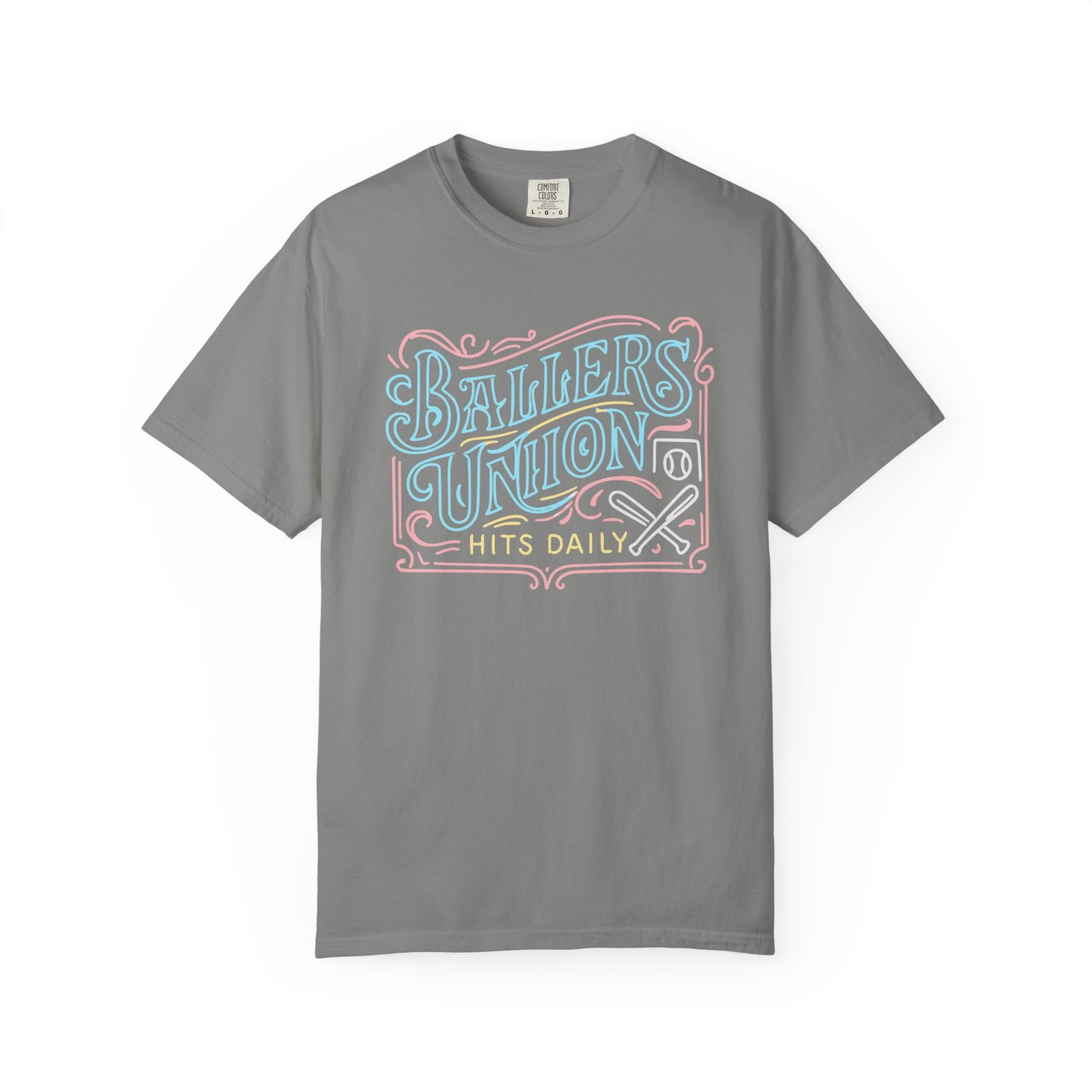 ballers union tee — 'ballers union hits daily' retro neon sign style design on comfort colors 1717 t‑shirt