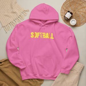 softball graphic hoodie — yellow stitch lettering in softball yellow hooded sweatshirt