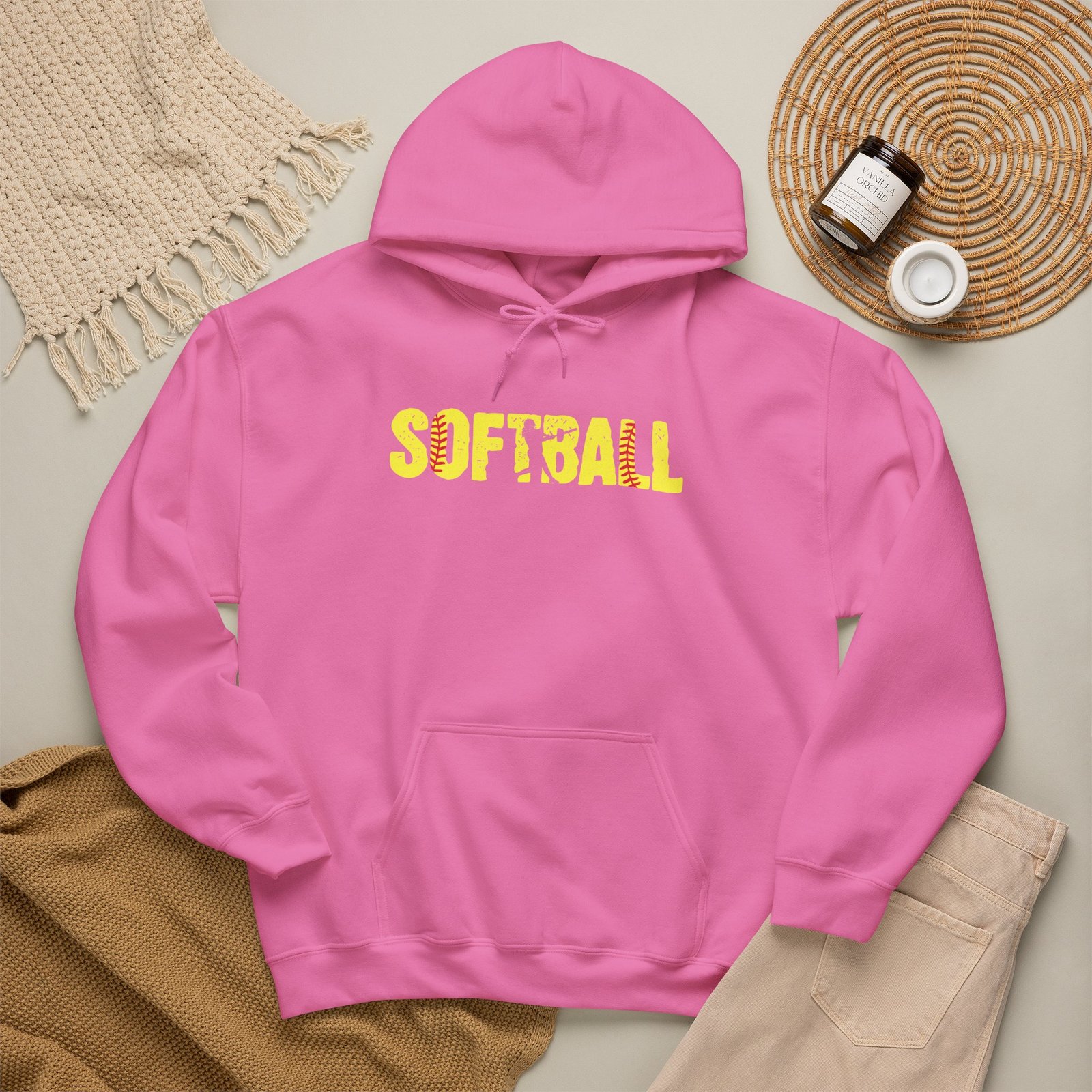 softball graphic hoodie — yellow stitch lettering in softball yellow hooded sweatshirt