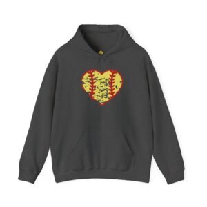 softball heart vintage graphic hoodie — yellow and red retro softball love hooded sweatshirt