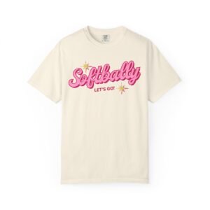 softbally “let’s go!” tee — bubble gum retro softball design on comfort colors 1717 t shirt