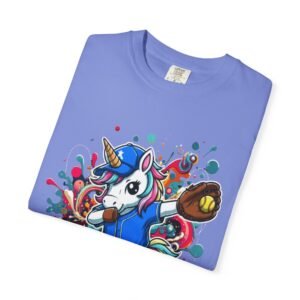 dabbing unicorn softball tee — colorful graphic t shirt design on comfort colors 1717 shirt
