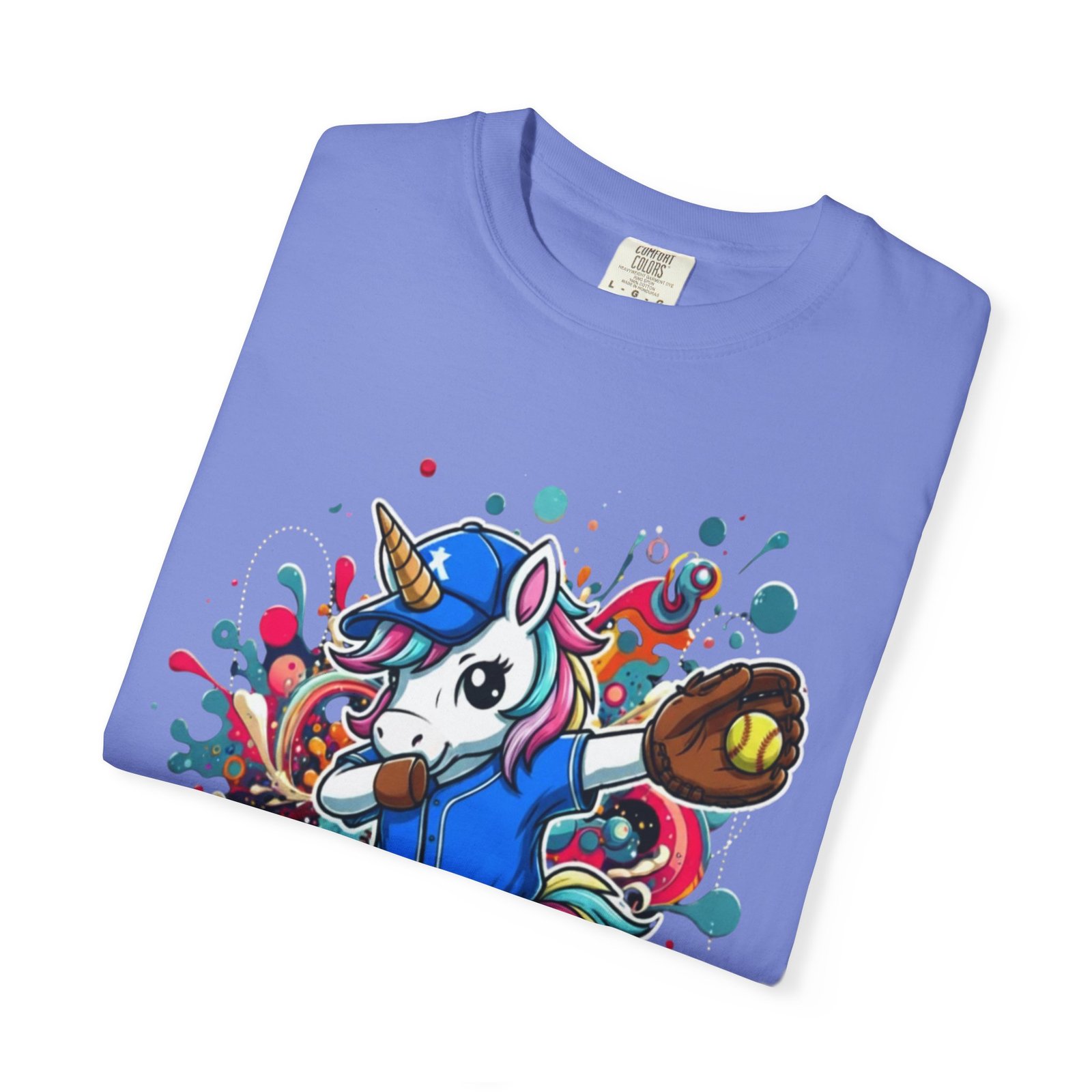 dabbing unicorn softball tee — colorful graphic t shirt design on comfort colors 1717 shirt