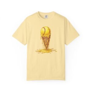 melting softball t‑shirt — dripping softball ice cream graphic on comfort colors 1717 tee