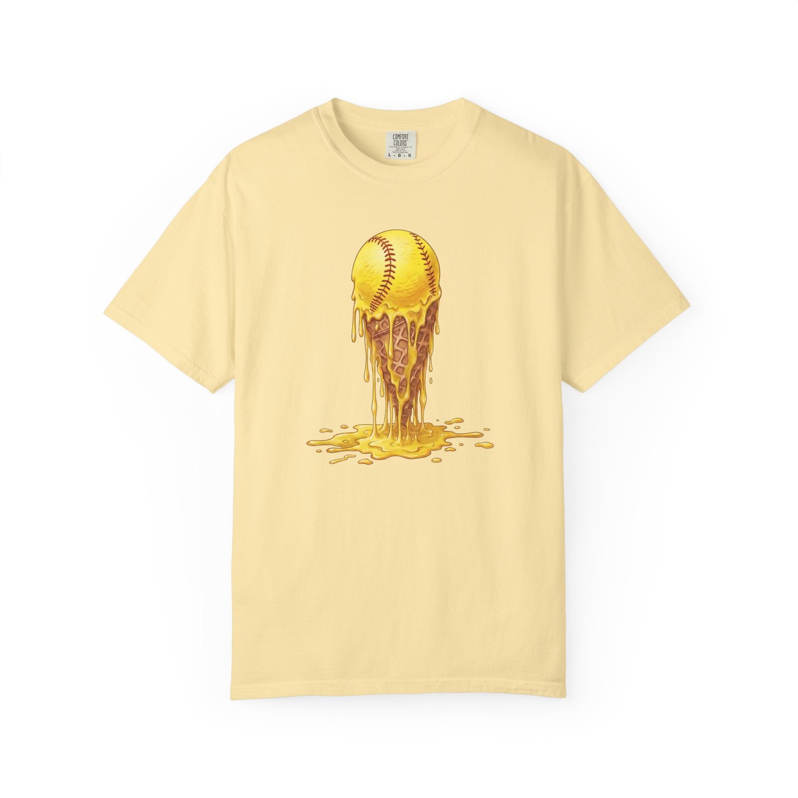 melting softball t‑shirt — dripping softball ice cream graphic on comfort colors 1717 tee