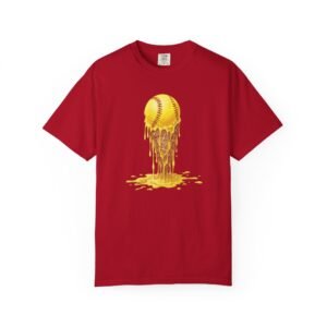 melting softball t‑shirt — dripping softball ice cream graphic on comfort colors 1717 tee