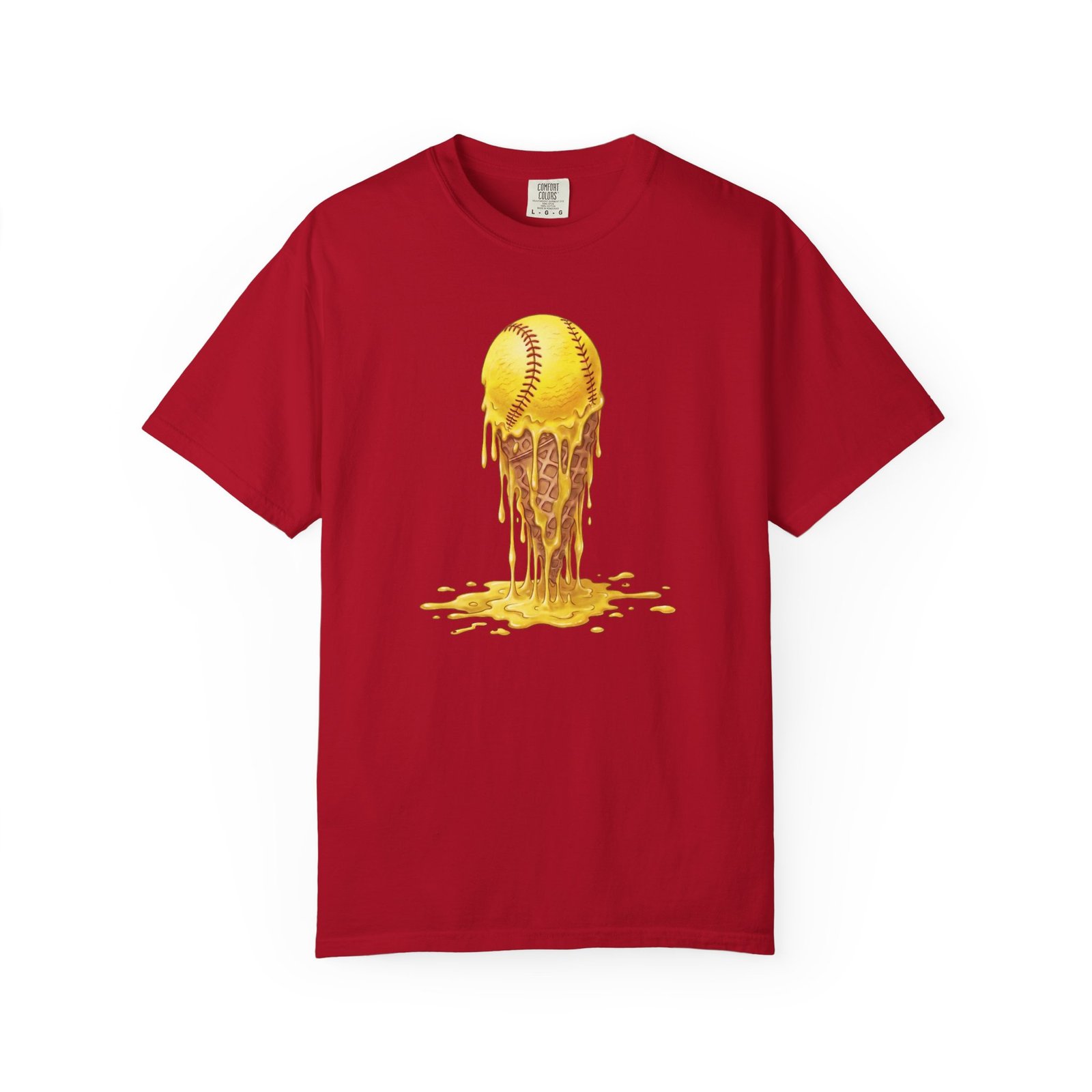 melting softball t‑shirt — dripping softball ice cream graphic on comfort colors 1717 tee