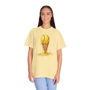 melting softball t‑shirt — dripping softball ice cream graphic on comfort colors 1717 tee