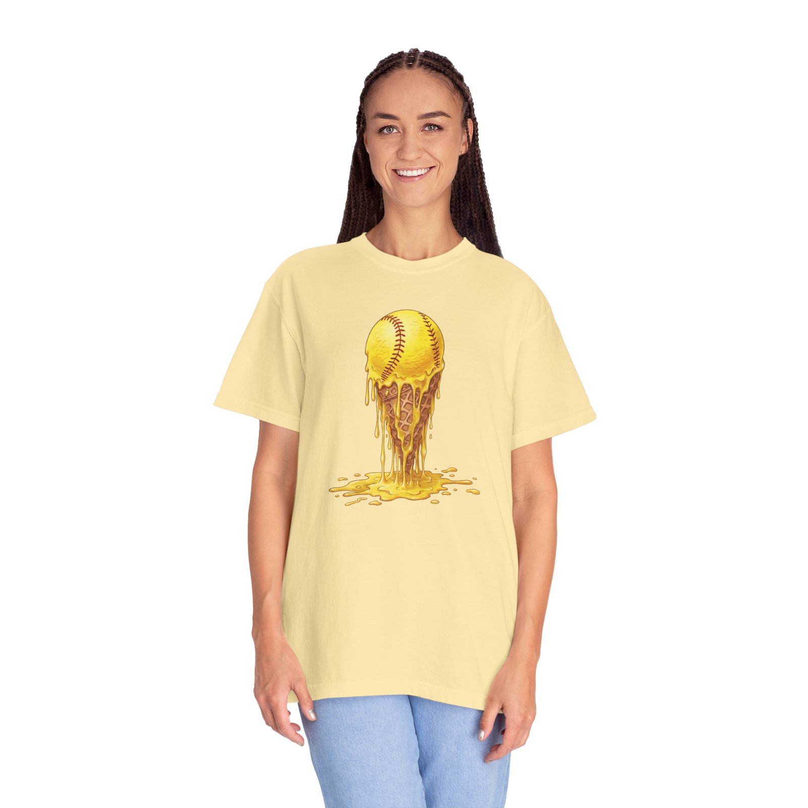 melting softball t‑shirt — dripping softball ice cream graphic on comfort colors 1717 tee