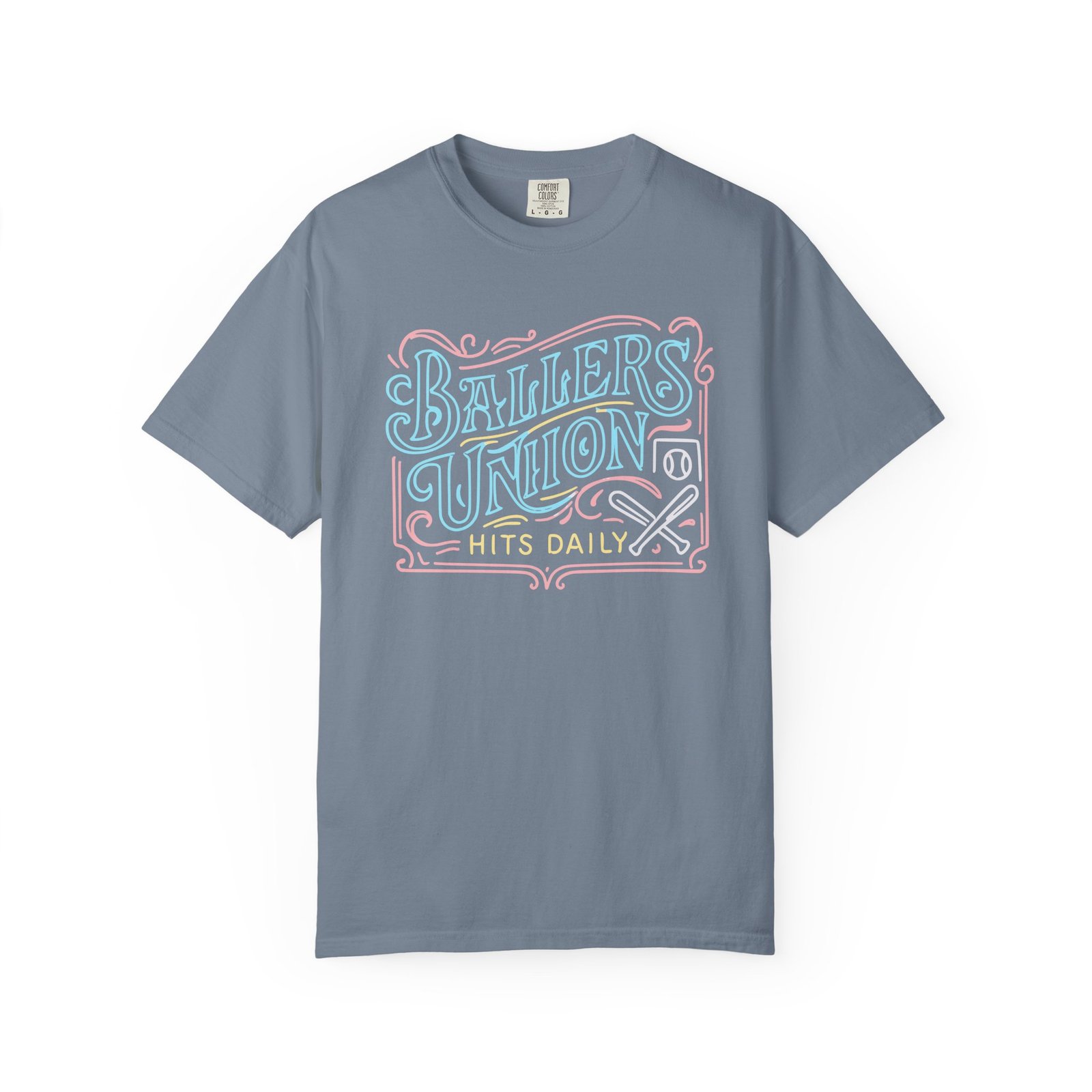 ballers union tee — 'ballers union hits daily' retro neon sign style design on comfort colors 1717 t‑shirt