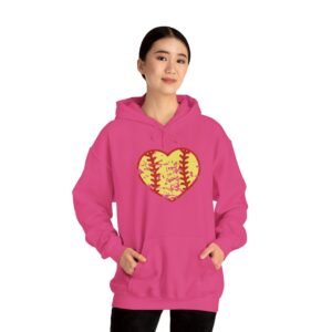 softball heart vintage graphic hoodie — yellow and red retro softball love hooded sweatshirt