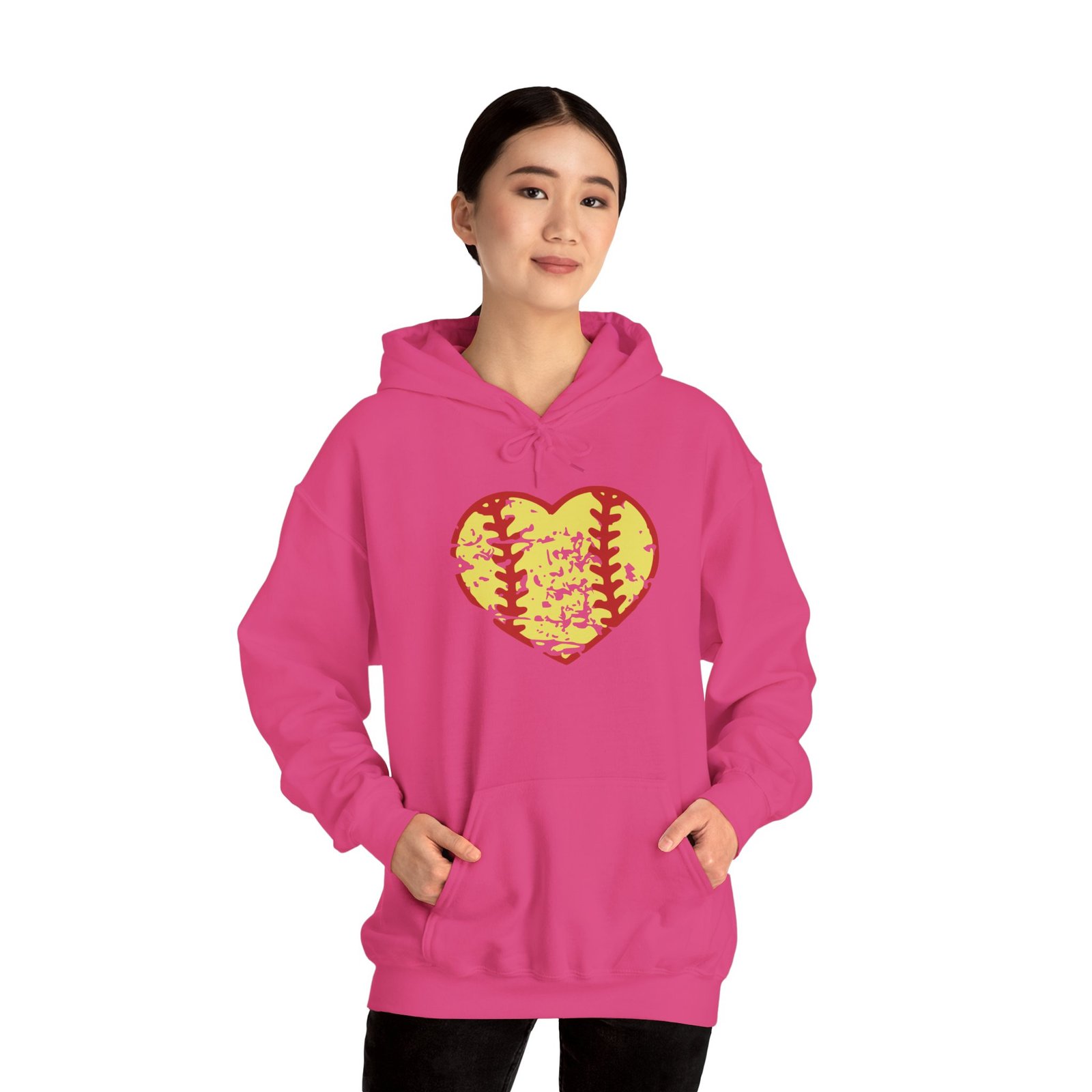 softball heart vintage graphic hoodie — yellow and red retro softball love hooded sweatshirt