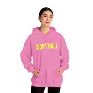 softball graphic hoodie — yellow stitch lettering in softball yellow hooded sweatshirt