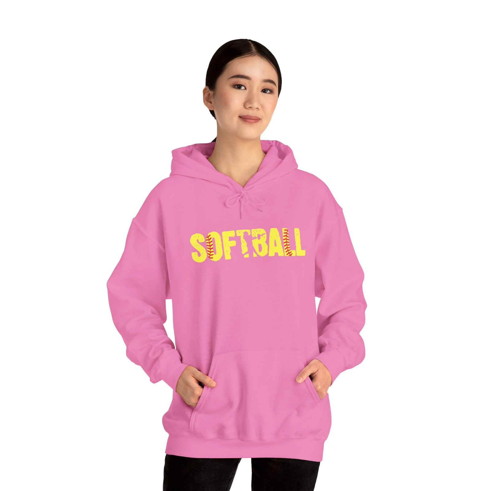 softball graphic hoodie — yellow stitch lettering in softball yellow hooded sweatshirt