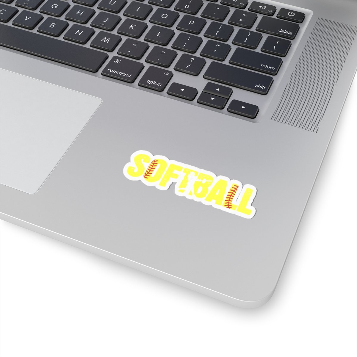 softball kiss cut sticker — yellow distressed with red softball stitch design