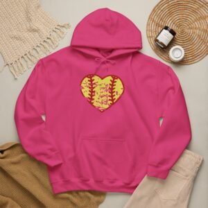softball heart vintage graphic hoodie — yellow and red retro softball love hooded sweatshirt