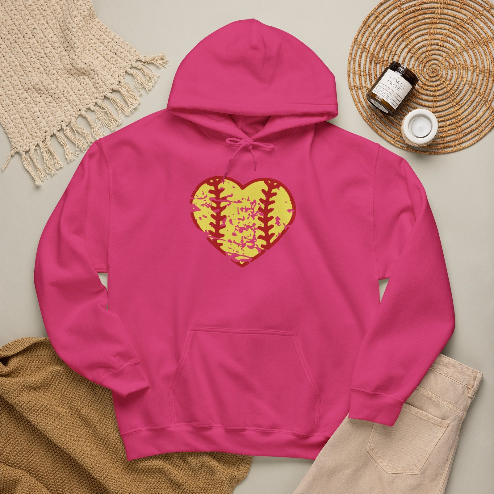 softball heart vintage graphic hoodie — yellow and red retro softball love hooded sweatshirt