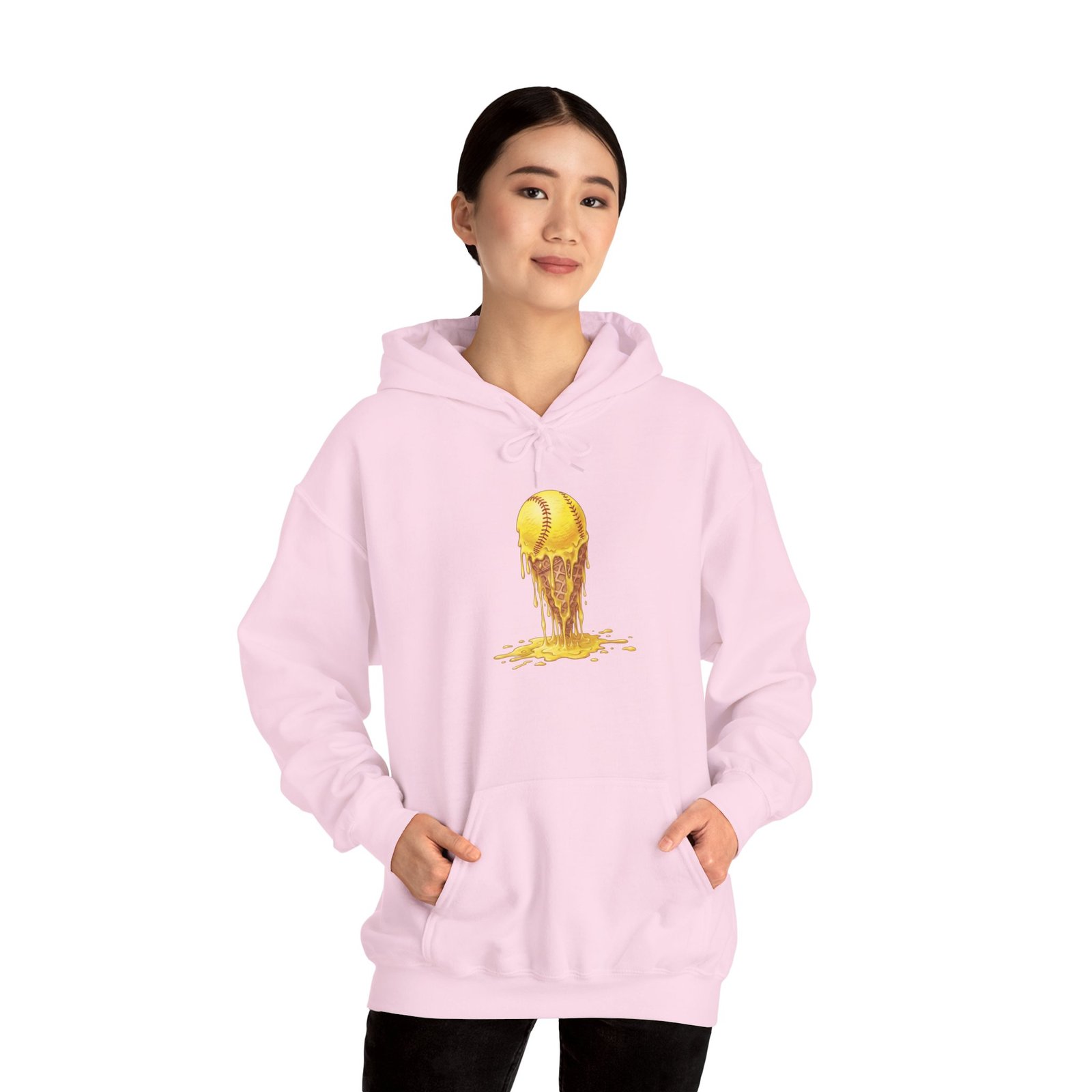 melting softball hoodie — dripping softball ice cream graphic hooded sweatshirt
