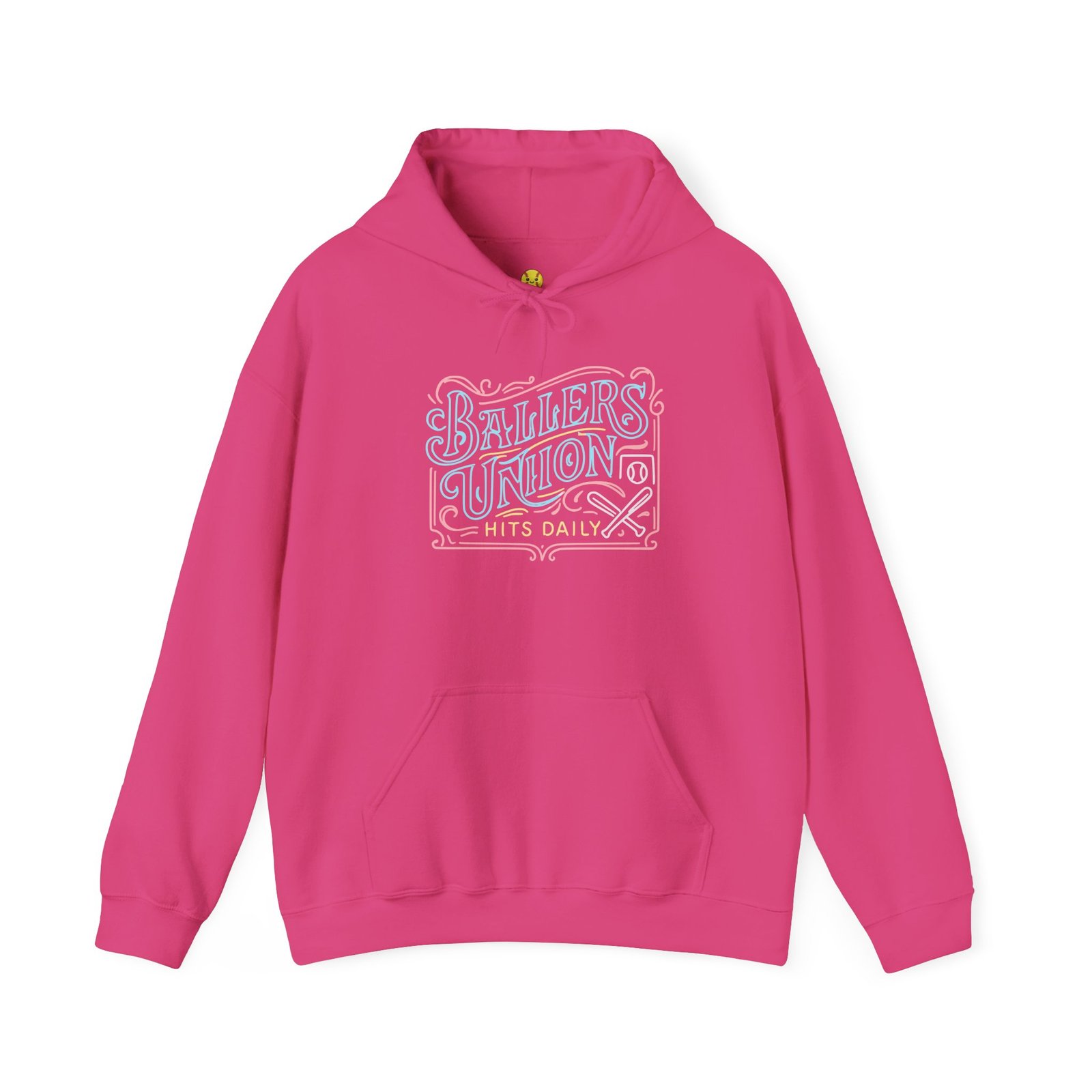 ballers union softball hoodie — 'ballers union hits daily' retro neon sign style hooded sweatshirt