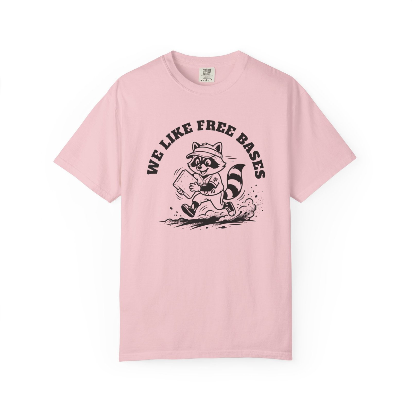 we like free bases softball raccoon graphic on comfort colors 1717 tee