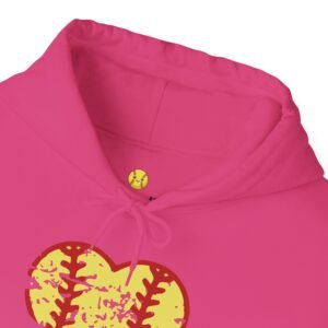 softball heart vintage graphic hoodie — yellow and red retro softball love hooded sweatshirt