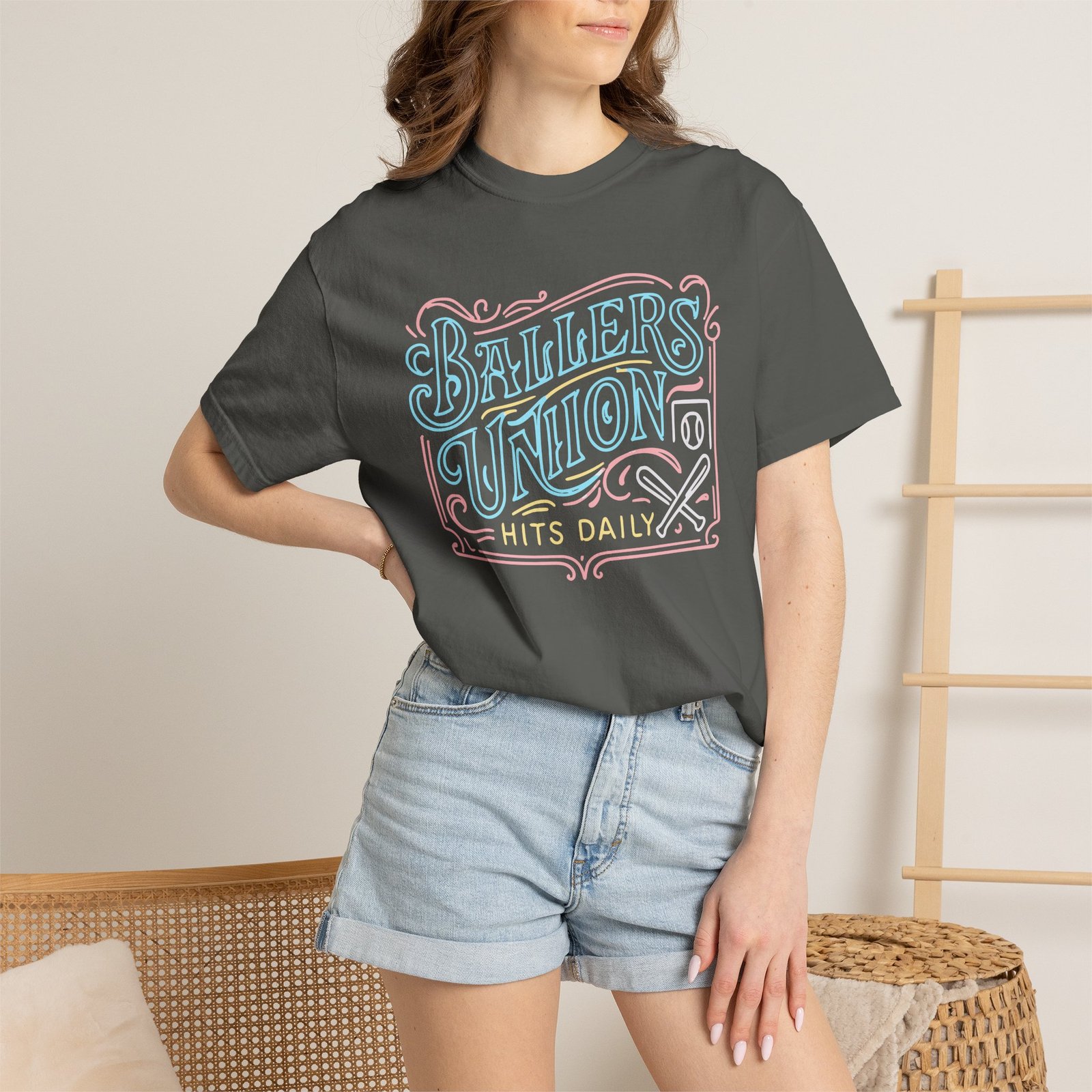 ballers union tee — 'ballers union hits daily' retro neon sign style design on comfort colors 1717 t‑shirt