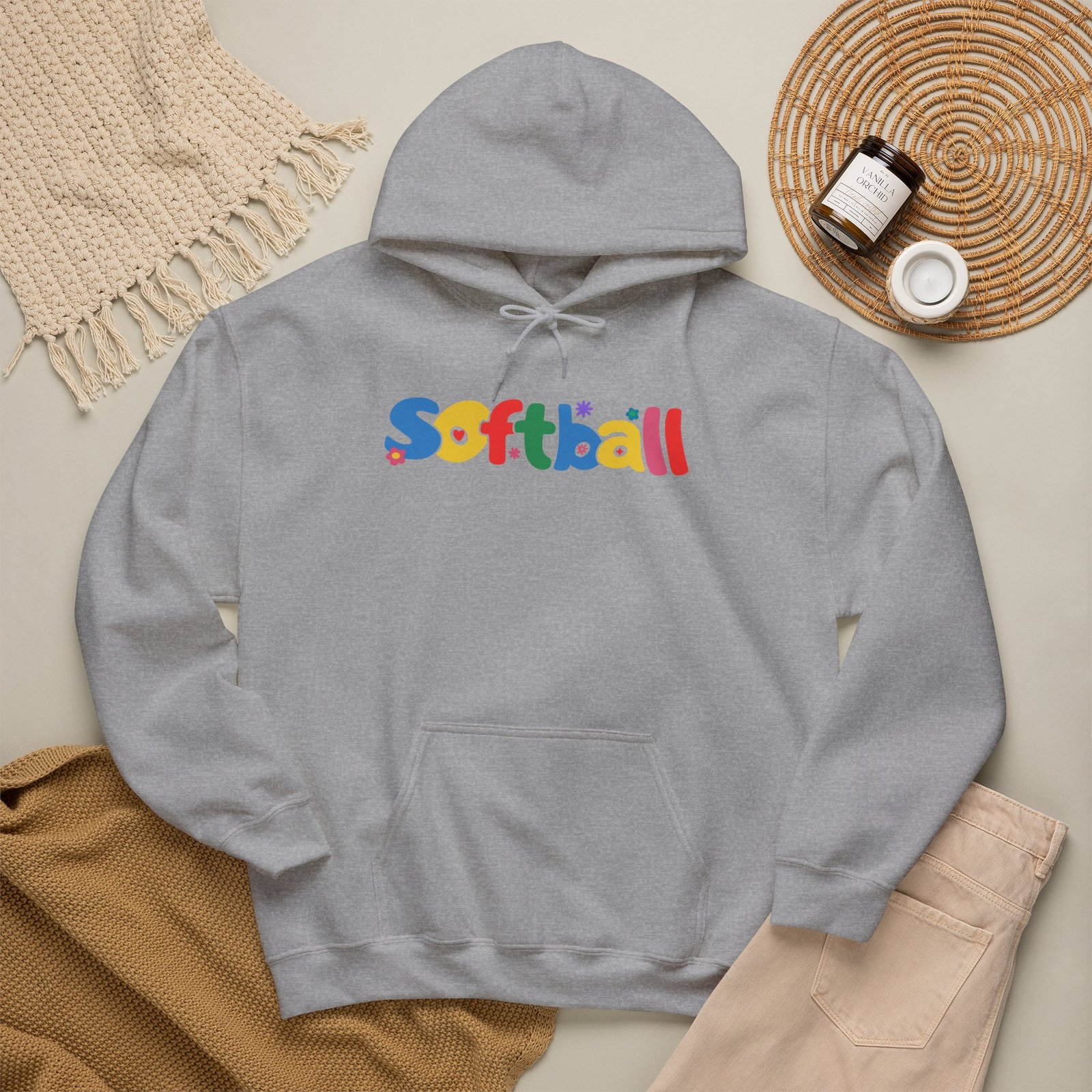softball colorful hoody — playful retro lettering softball hooded sweatshirt