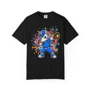 dabbing unicorn softball tee — colorful graphic t shirt design on comfort colors 1717 shirt