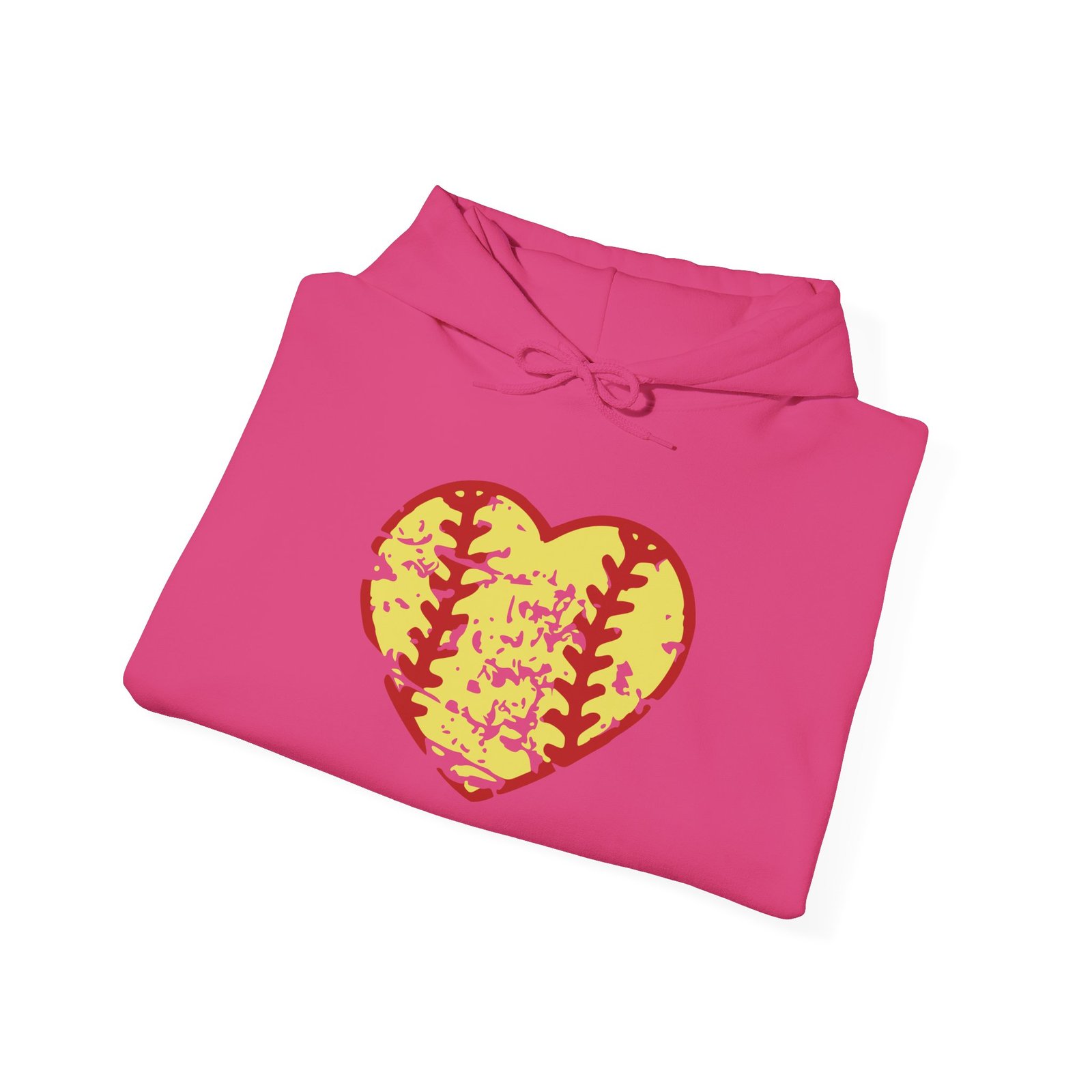 softball heart vintage graphic hoodie — yellow and red retro softball love hooded sweatshirt
