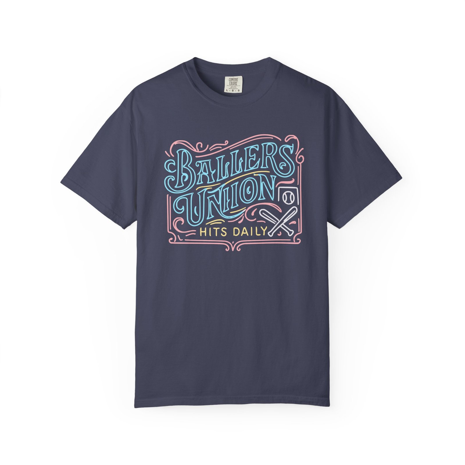 ballers union tee — 'ballers union hits daily' retro neon sign style design on comfort colors 1717 t‑shirt