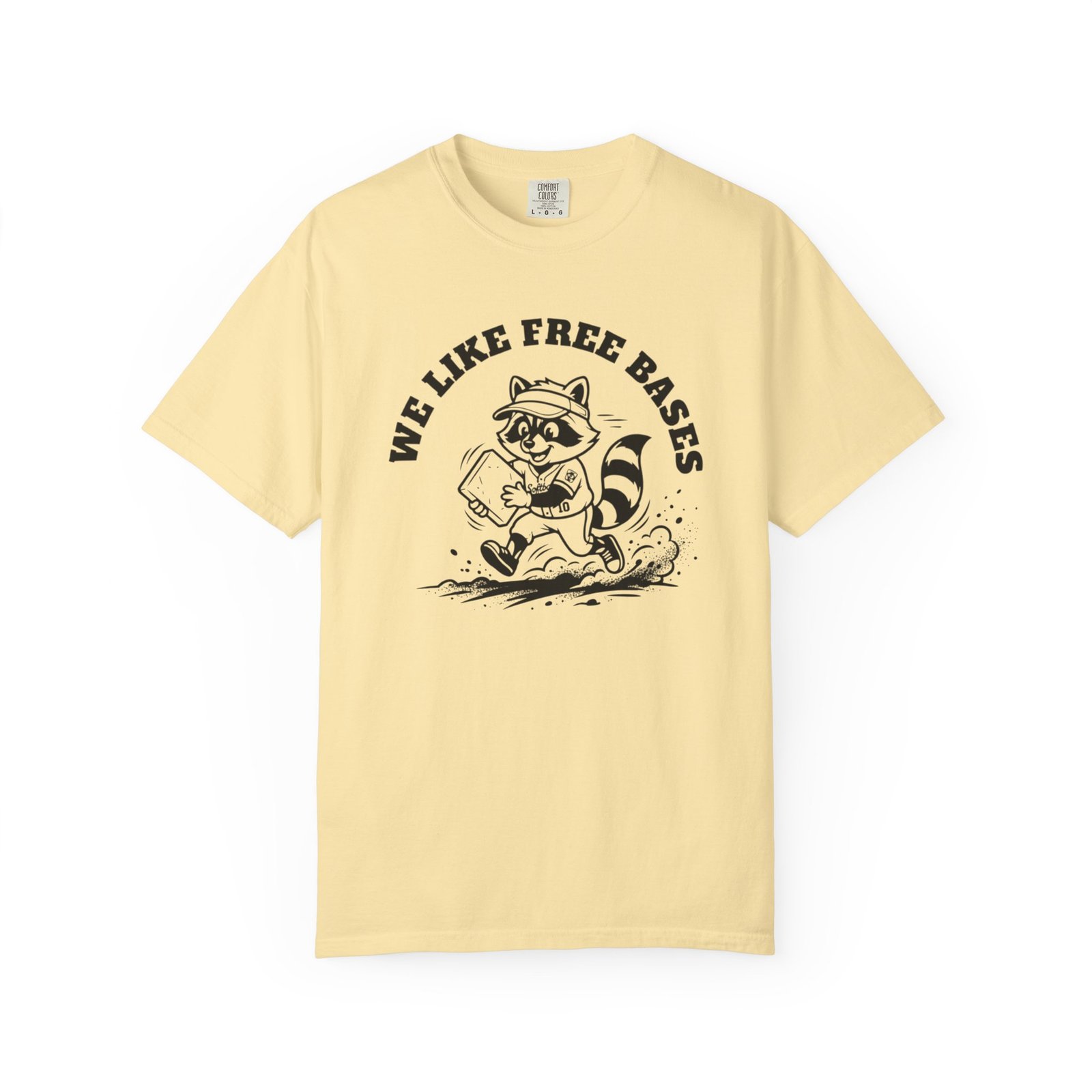 we like free bases softball raccoon graphic on comfort colors 1717 tee