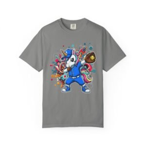 dabbing unicorn softball tee — colorful graphic t shirt design on comfort colors 1717 shirt