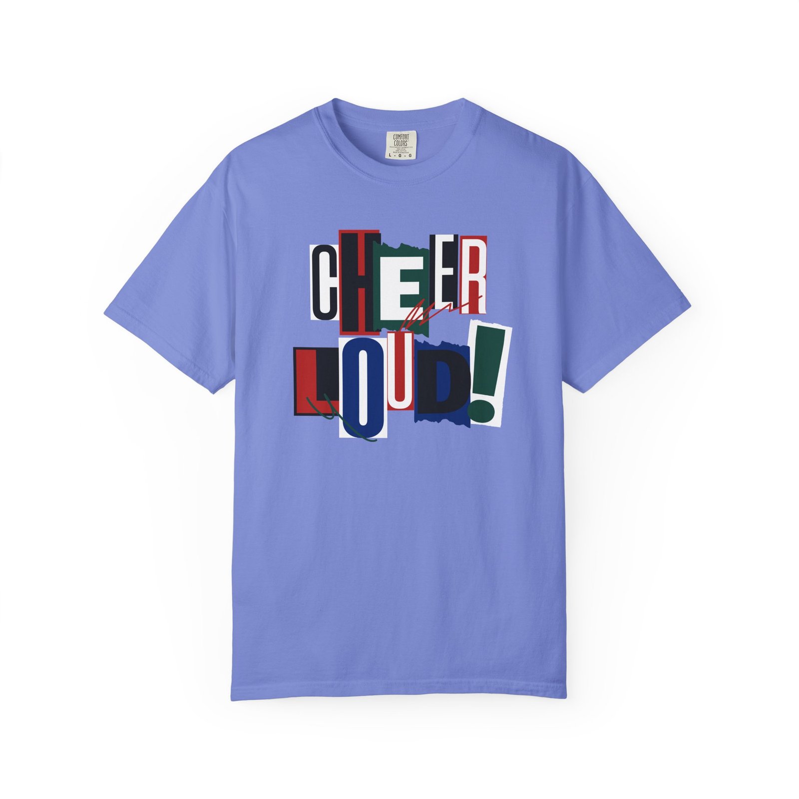 cheer loud! graphic tee — bold retro scrapbooking style design on comfort colors 1717 tee
