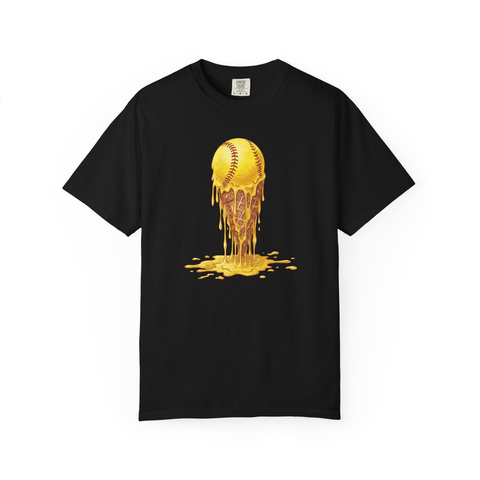 melting softball t‑shirt — dripping softball ice cream graphic on comfort colors 1717 tee