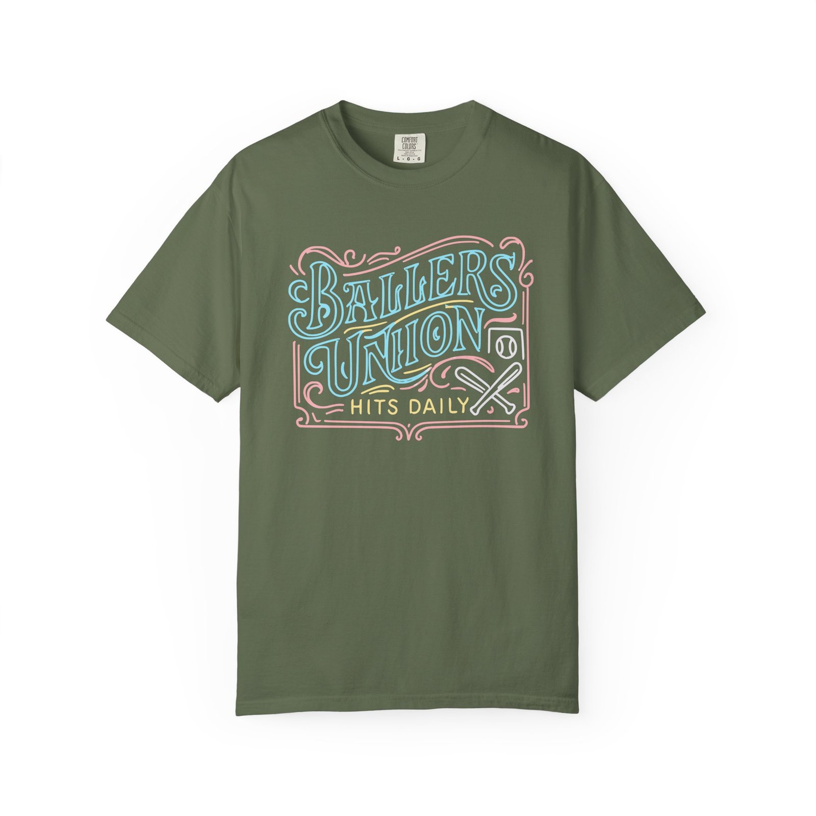 ballers union tee — 'ballers union hits daily' retro neon sign style design on comfort colors 1717 t‑shirt