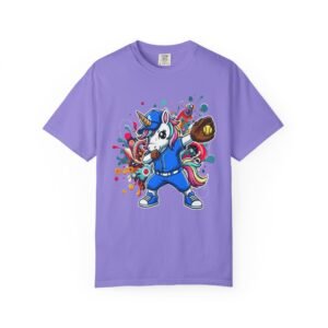 dabbing unicorn softball tee — colorful graphic t shirt design on comfort colors 1717 shirt