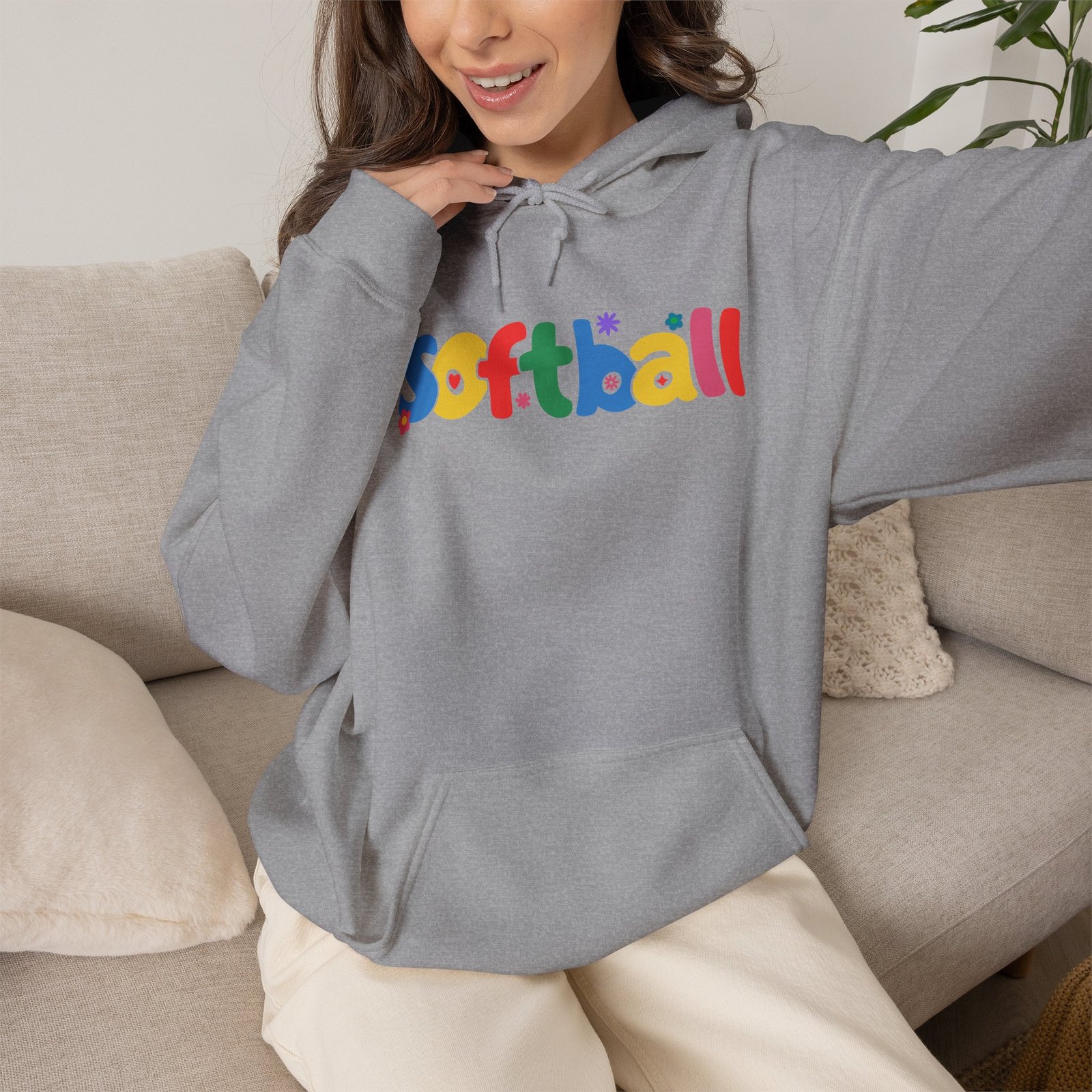 softball colorful hoody — playful retro lettering softball hooded sweatshirt