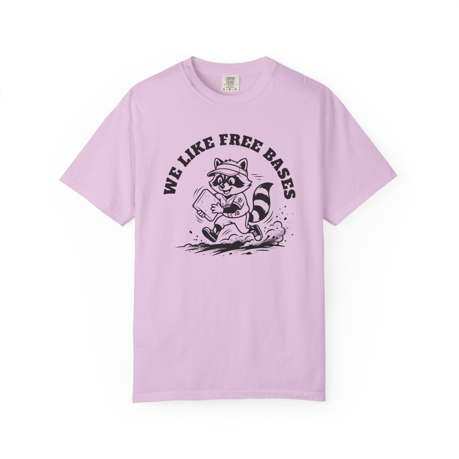we like free bases softball raccoon graphic on comfort colors 1717 tee