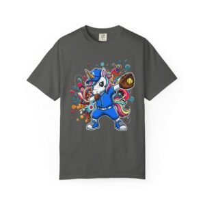 dabbing unicorn softball tee — colorful graphic t shirt design on comfort colors 1717 shirt