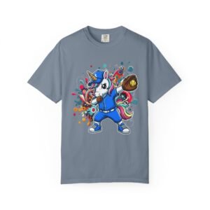 dabbing unicorn softball tee — colorful graphic t shirt design on comfort colors 1717 shirt