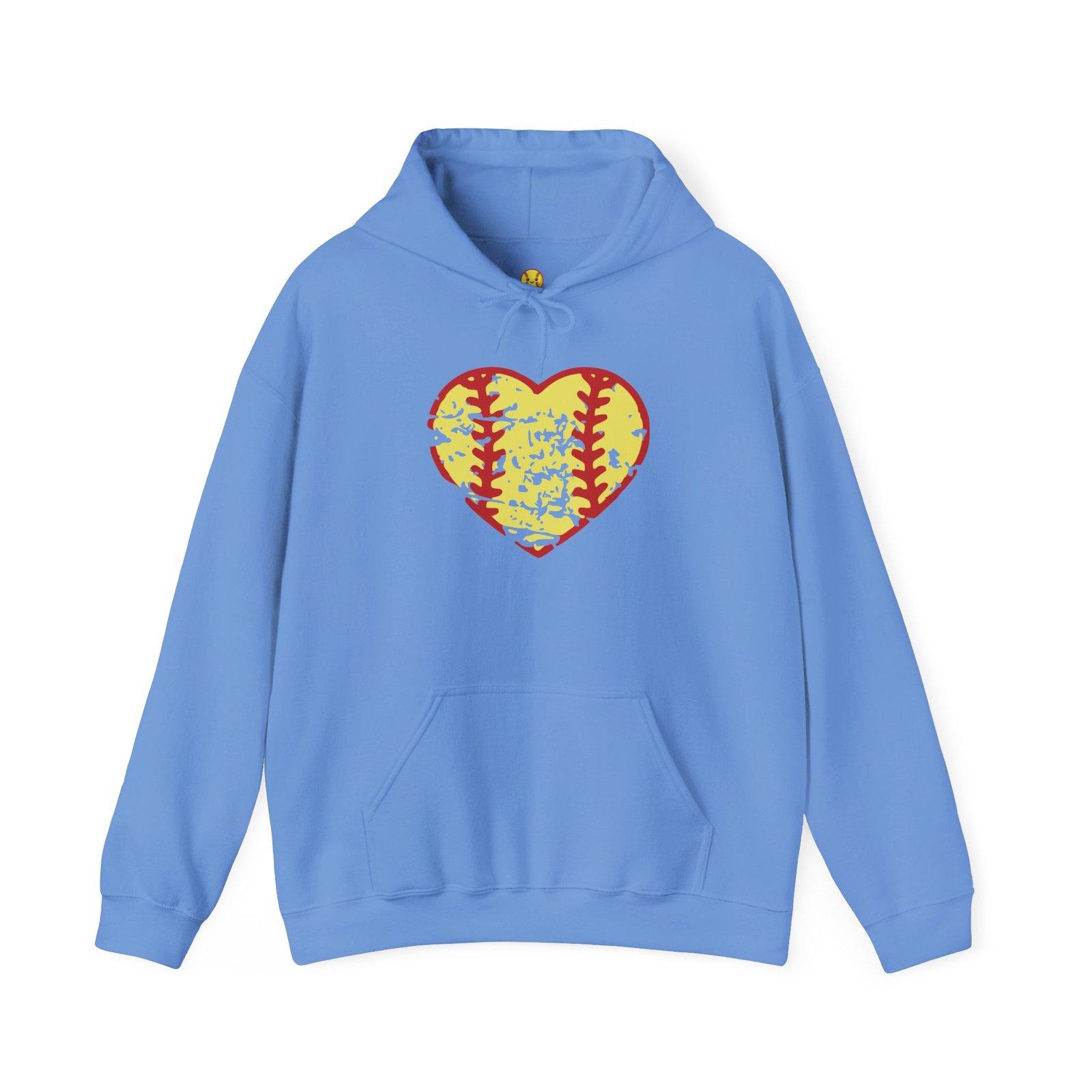 softball heart vintage graphic hoodie — yellow and red retro softball love hooded sweatshirt