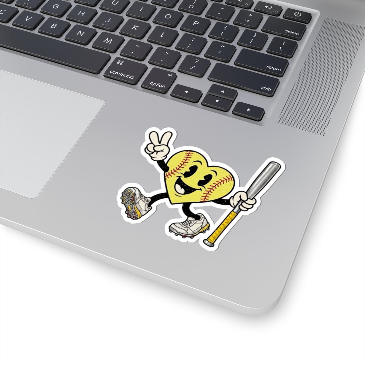 softball heart mascot sticker — softball bat peace sign kiss cut decal for laptops & water bottles