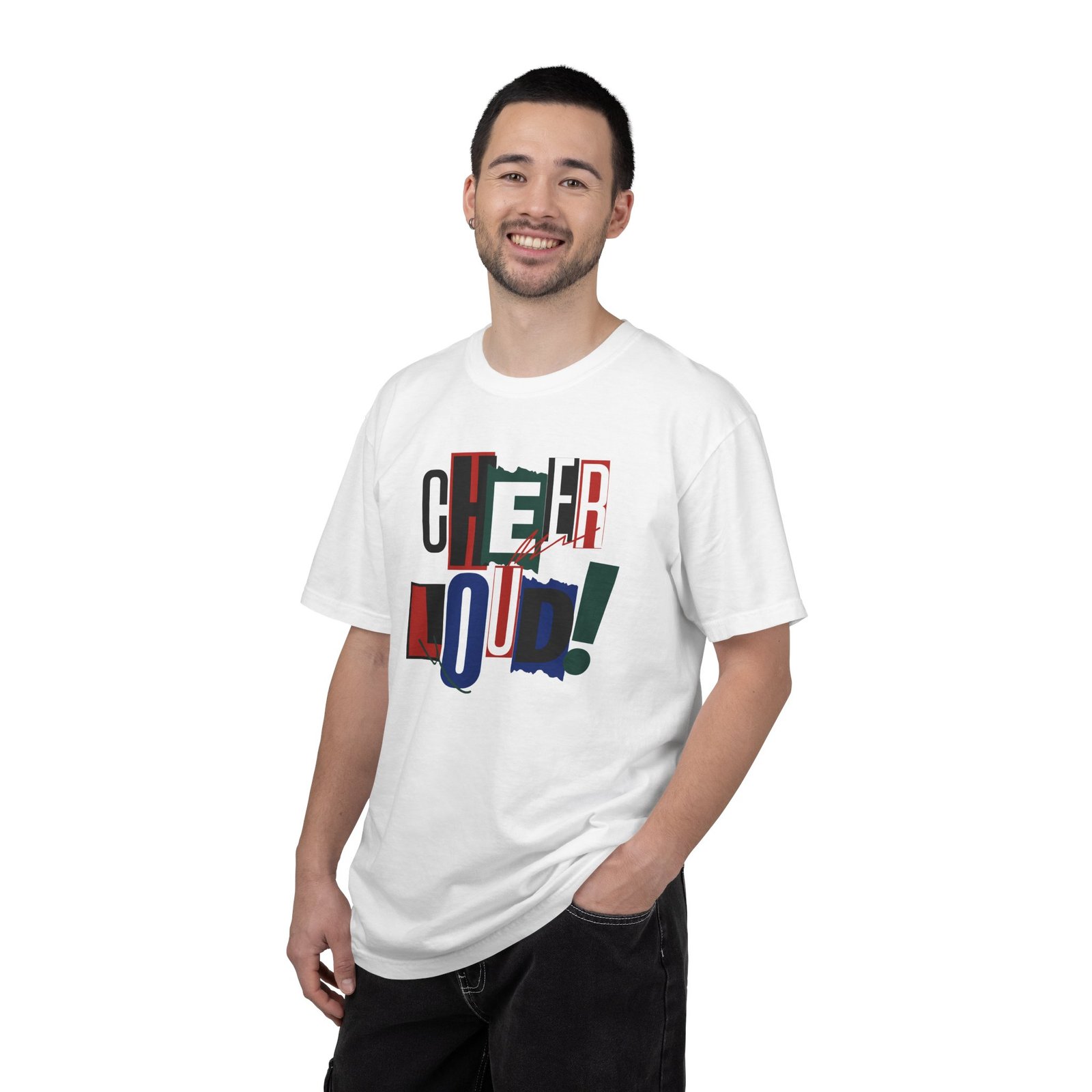 cheer loud! graphic tee — bold retro scrapbooking style design on comfort colors 1717 tee