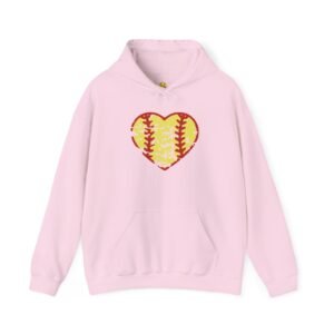 softball heart vintage graphic hoodie — yellow and red retro softball love hooded sweatshirt