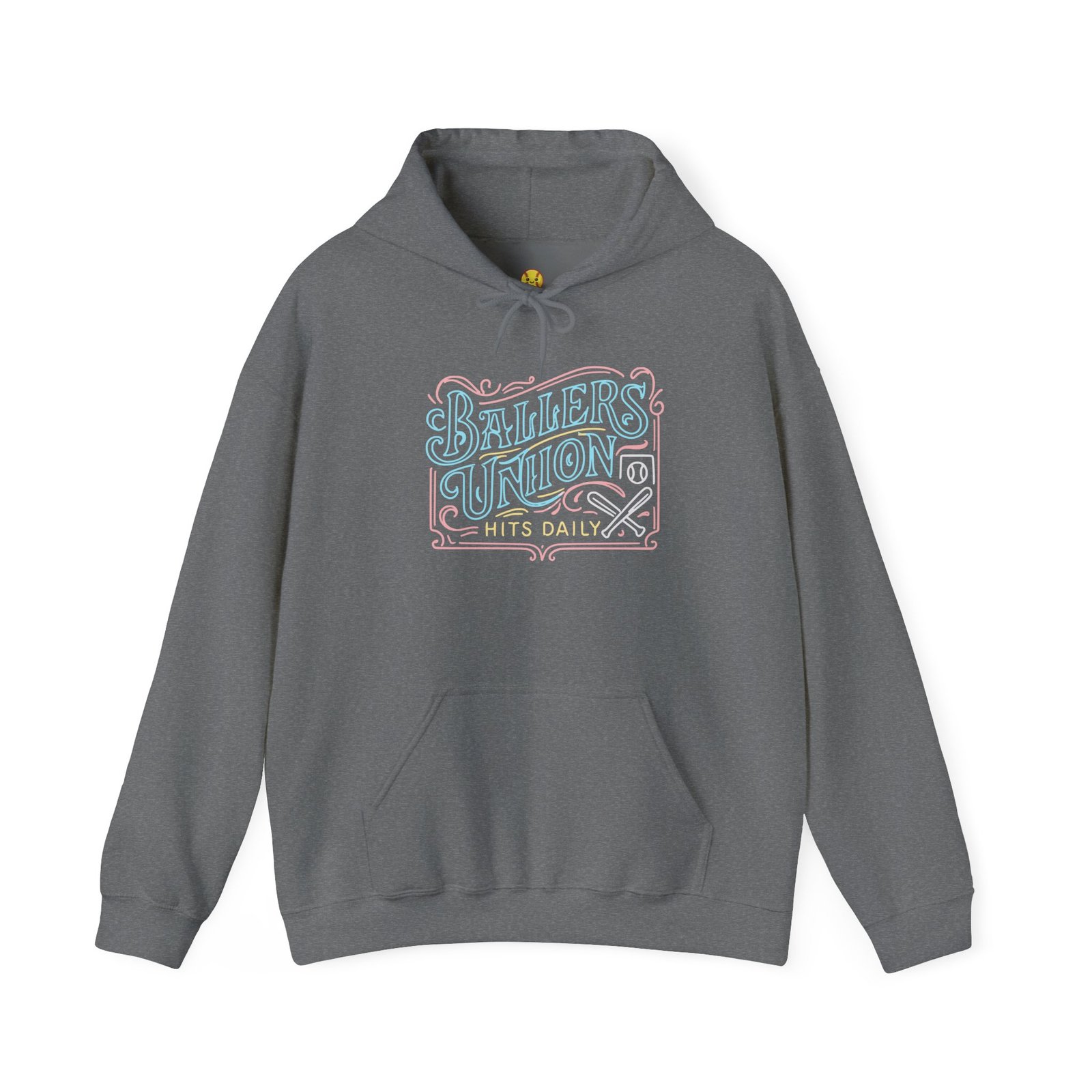 ballers union softball hoodie — 'ballers union hits daily' retro neon sign style hooded sweatshirt