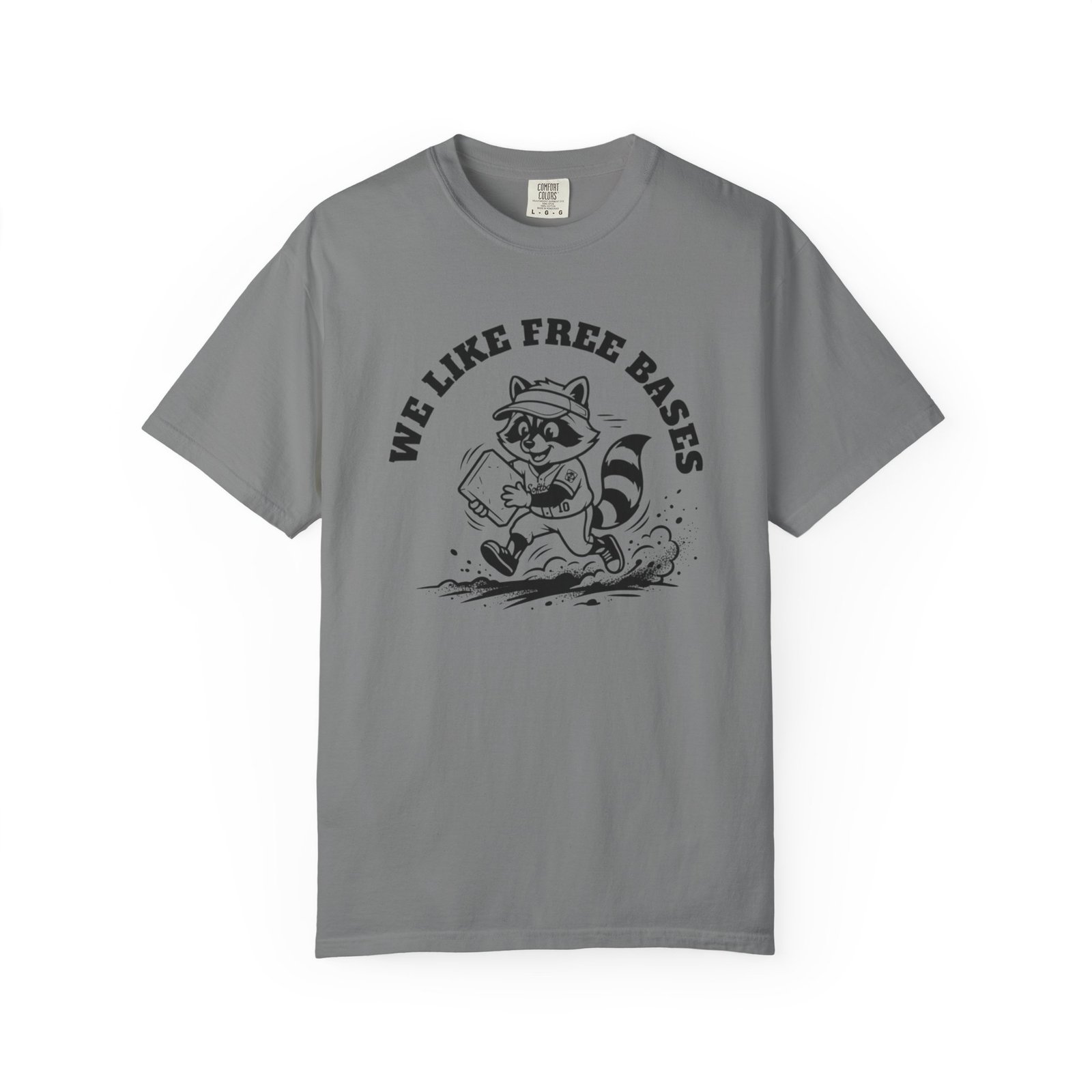 we like free bases softball raccoon graphic on comfort colors 1717 tee