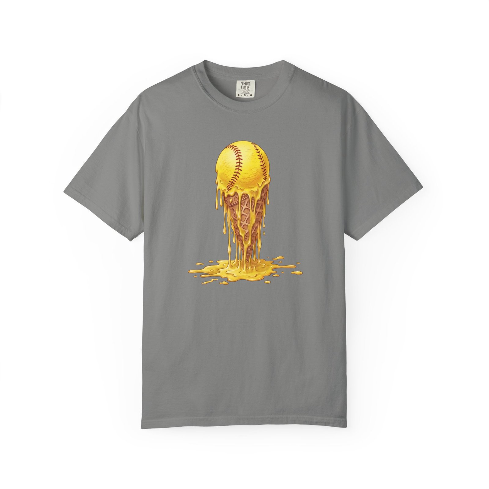 melting softball t‑shirt — dripping softball ice cream graphic on comfort colors 1717 tee